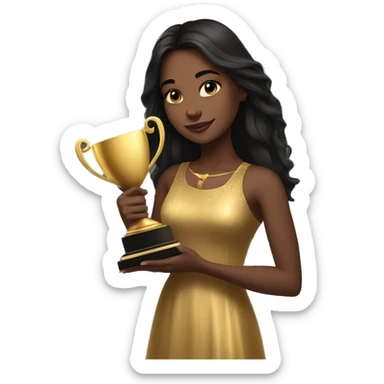 realistic portrait of a brown skin girl with brown eyes and long straight black hair wearing a gold dress holding 4 trophies in her arms sticker