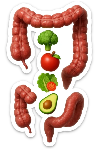 emoji stile iphone in 3d di cibo sano che fluttua in aria vericalmente insieme ùa pezzi di colon umano anatomico, iperrealistico 4k sticker