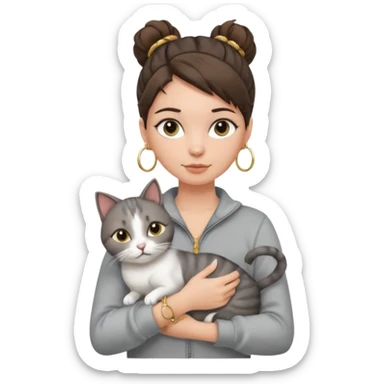 a white girl with brunette hair in a messy bun holding a grey cat. the girl has long lashes and has on a grey zip up that is half way zipped and under a white shirt and gold jewelry that is hoop earrings and gold bracelets. sticker
