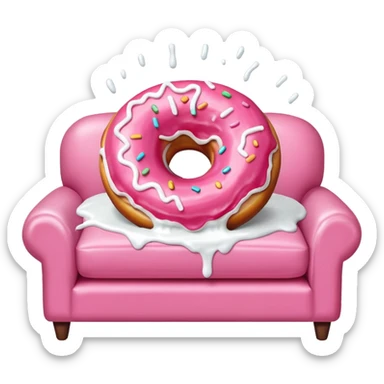 White icing running through a pink donuts hole spilling out onto a couch to make a sticky mess sticker
