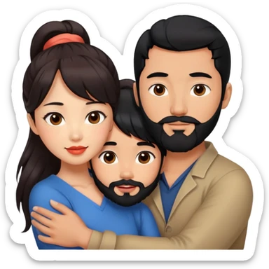 handsome tall asian man with ponytail black hair and beard, hugging cute woman with tan skin and long wavy reddish brown hair with bangs and coral lipstick sticker