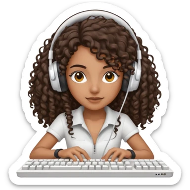 Brown skin Spanish girl with long dark curly hair, wearing a white gaming headset and playing on keyboard with a gaming mouse i sticker
