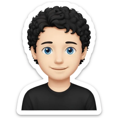 boy, young face like 20 years, blue eyes, medium curly hair black, easy smile, black t-shirt, purple background. sticker