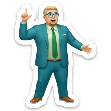 Full Body plus size white male yelling basketball team manager with glasses blondish gray short hair with a goatee wearing blue and green suit sticker