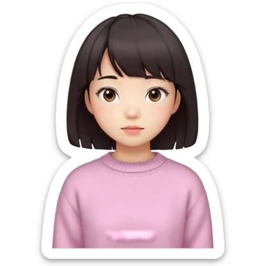 a asian japanese girl with a dark brown bob with curtain bangs, wearing a pastel pink wintery sweater sticker