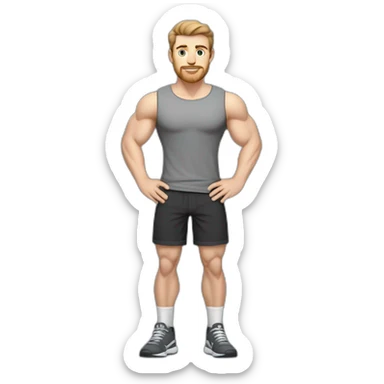 Full height Pale skinned fit man With biceps, Realistic eyes and mouth, light brown hair and stubble In dark gray sleeveless mike, black oversize sports shorts, watch and white sneakers. sticker
