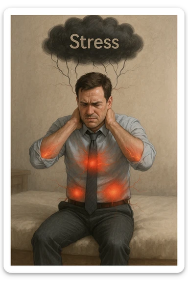 Uomo tra i 30 e i 40 anni in abiti da ufficio, seduto su una sedia o sul letto, con mani sul collo o sulla testa, visibilmente stressato. Attorno al corpo si vedono aree evidenziate di dolore (spalle, stomaco, schiena) rappresentate da leggere sfumature rosse o pulsanti. Sopra la sua testa, una nuvola scura con la parola 'Stress' scritta dentro, collegata al corpo con fili o nervi tesi. L'espressione dell’uomo è di frustrazione ma anche convinzione: crede che sia solo lo stress. Stile realistico con accenti simbolici psicofisici sticker