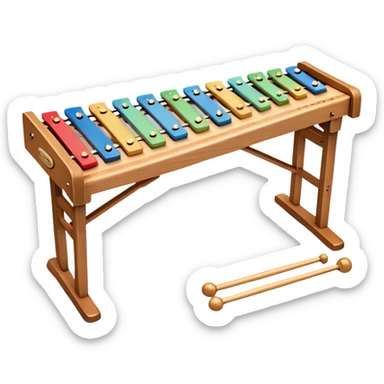 Create a vibrant and detailed emoji representing a large professional wood xylophone. The design should feature the sleek wooden keys of the xylophone, arranged neatly on the frame, with metal bars clearly visible. Add the mallets placed beside the instrument or in motion, highlighting their soft rubber heads. Use warm, natural wood tones for the keys, with subtle metallic accents to reflect the professional quality of the instrument. Add small musical notes or soundwaves around the xylophone to evoke its bright, percussive sound. The background should be transparent. sticker