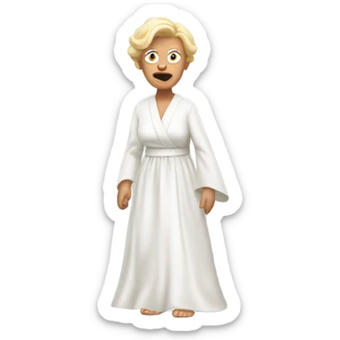 angry blonde granny in a white robe chasing a ginger boy in a wedding dress  sticker