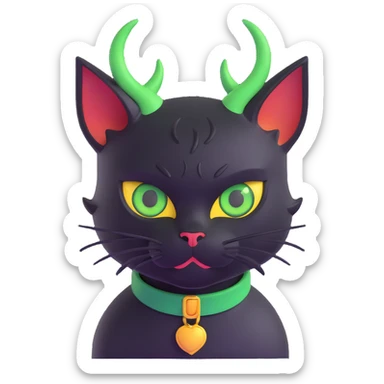 Add a yellow collar to the black cat with green eyes and demon horns, keeping the 3D style with no background as in the original image. sticker