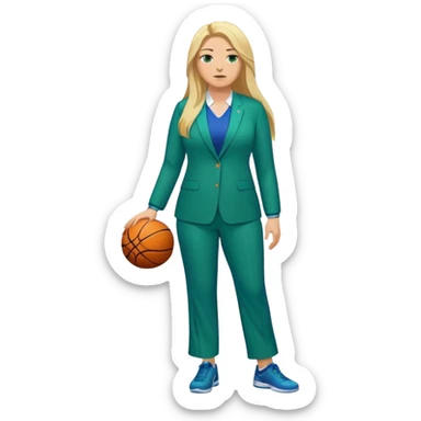 Full Body white plus size female basketball head coach with long blonde hair in a blue and green suit sticker