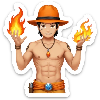 Portgas D. Ace with orange hat, shirtless with ASCE tattoo, fire powers sticker