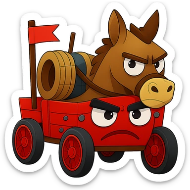 Convert the emoji image of a silly angry donkey pulling a wagon to a different file format such as JPEG or WebP while keeping the transparent background. Ensure the donkey and wagon remain clear and recognizable, and the file size stays under 1MB. sticker