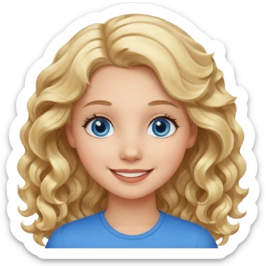 Please generate an image of a girl. She has blue eyes, blond, wavy hair, and is smiling. sticker