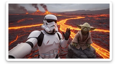 selfie camera, Starwars stormtroopers vlogging , he is walking on lava planet with yoda sticker