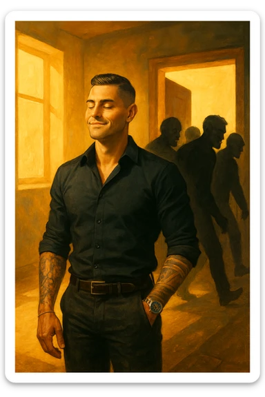 a man stands confidently in a sunlit room, facing away from a group of dark, shadowy figures with harsh or angry expressions who are walking out the door. The man’s posture is upright and relaxed, his face calm and relieved. Warm light fills the space, symbolizing his newfound peace and positivity. sticker
