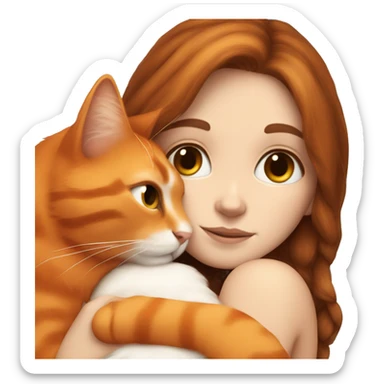 White girl with long brown hair snuggling fluffy orange cat sticker