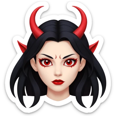 Head demon girl, strong pronounced cheekbones, sharp angular jawline, skin fully pure red everywhere, long straight sleek black hair, small horns sticker