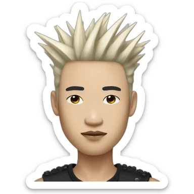 a half-asian male model with spikey long hear wearing rick Owens couture sticker