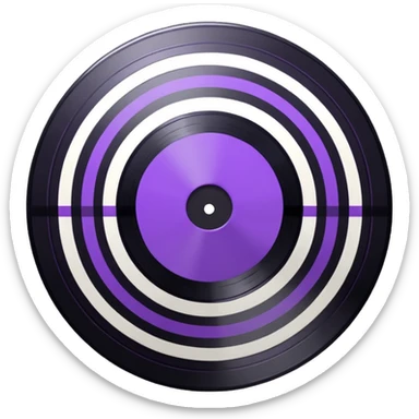 black pixel art vinyl record with a purple and white striped middle label, pixel art sticker