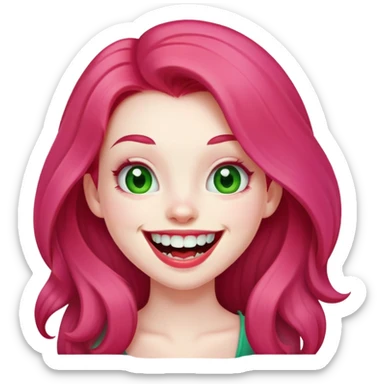 Young girl with pale skin, full pink lips smiling with big teeth, red long hair, big brown eyes with a hint of green, big mouth sticker