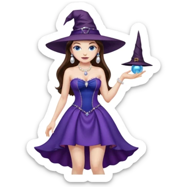 sexy woman brunette, very large breasts, pale skin, blue eyes, long brown hair, short purple strapless dress, witch hat, pearl earrings, smirking, in high heels, standing, head to toe, full body, zoomed out, entire outfit visible sticker