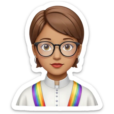female brown hair light skin with glasses add clergy collar, and rainbow stole sticker