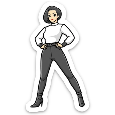 female character with oval-shaped flat-top head wearing tight black pants and black medieval high-heeled boots sticker