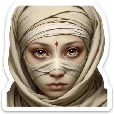 Regal and timeless, fully wrapped in meticulously aged bandages, even its face veiled in layers of ancient cloth with only faint glimpses of deep, solemn eyes peering through, adorned with faded gold accents, exuding an air of forgotten majesty and solemn duty, highly detailed, softly glowing, evoking the dignified mystery of an eternal guardian watching over lost secrets! sticker