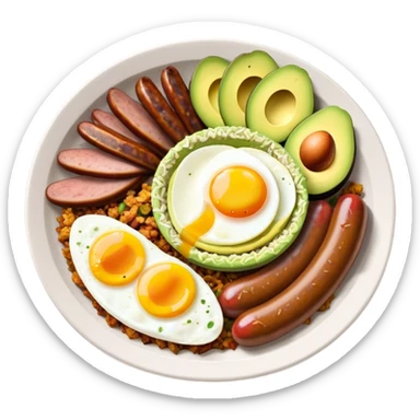 Bandeja Paisa Cinematic Realistic Bandeja Paisa Dish Emoji, depicted as a hearty platter featuring rice, beans, avocado slices, one sausage, a perfectly cooked egg, and crispy pork crackle, rendered with vivid textures and robust, inviting lighting. sticker