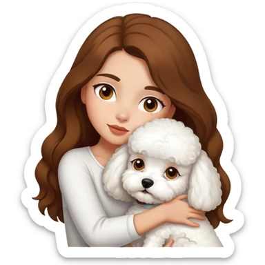 A beautiful olive skinned girl with long brown hair, hugging a white bichon frise sticker
