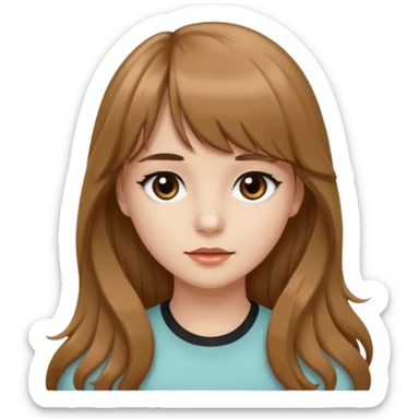 Uma garota de cabelo ondulado marrom,mas com franja lisa e olhos pretos, e a cor de pele branca,e o cabelo LONGO  sticker