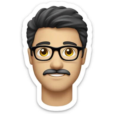 young caucasian man with black straight hair, mustache, and scruff, wearing clear framed glasses sticker