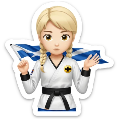 A girl in taekwondo uniform with two yellow strips on the black belt and left chest a finland flag. sticker