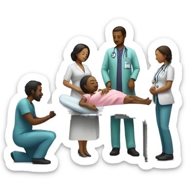 a woman gives birth and doctors stand nearby sticker