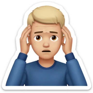 A frustrated young man holding his head, confused expression, dramatic lighting, blurred dark background, cinematic YouTube intro style, ultra-realistic. sticker