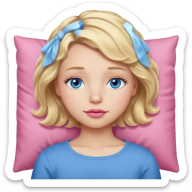 Girl Blonde short wavy hair,  blue eyes, cute blue top, long lashes, pink lips, sleeping sticker