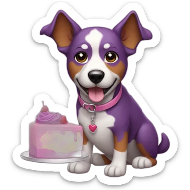 a purple dog with a brown nose and a pink collar with a bone eat cake sticker