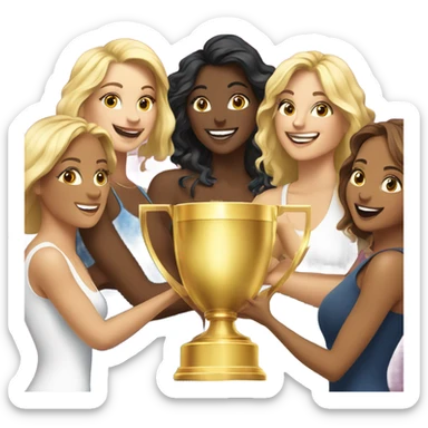Eight beautiful blonde and Latina women celebrating with 1 huge gold trophy sticker