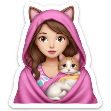 girl with long wavy brown hair, brown eyes, long lashes makeup, sexy pink lips, light to medium complexion, wearing a pink sexy silk top, big blanket over the head cozy holding a cat,  sticker
