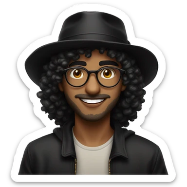 young arab guy with square gold transparent thin glasses, big lips, no beard, a lil bit mustache, curly hair and a black fishing hat, not too dark skin, smiling with  vampire teeth like sticker