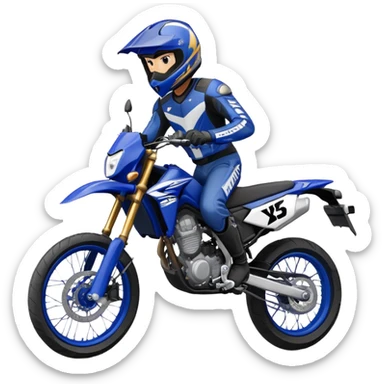 dark blue and light blue Yamaha WR125X Supermoto Rider in a wheelie with dark blue helmet sticker