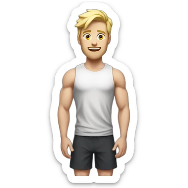 Full height Actively gesturing with hands Pale skinned fit man With the biceps and blonde hair In dark gray sleeveless mike, black oversize sports shorts, watch and white sneakers sticker