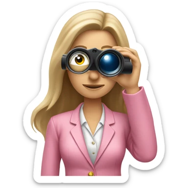 secretary style white female employee in pink suit using binoculars with long loose hair. must look straight in front of a camera sticker