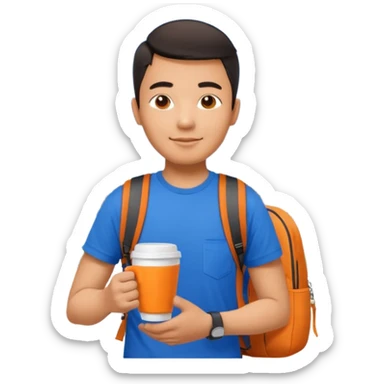 an asian man in blue t-shirt with orange cup of coffee and backpack on the back. Eiffel tower on the background sticker