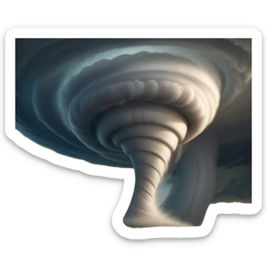 Cinematic Realistic Tornado Emoji, Spiraling fiercely, with dark swirling clouds that twist and stretch downward in a funnel shape. The winds whip up debris as the tornado roars across the landscape, leaving a trail of awe and fear. Soft glowing outline, capturing the essence of wild force and unpredictable power in a mighty tornado! sticker