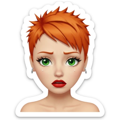 Short spikey Ginger hair, green eyes, black long eye lashes large red lips White woman crying tears on face sticker