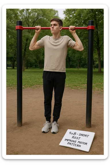 Giovane principiante dello streetlifting in un parco, fisico ancora asciutto, esegue lunghe serie di trazioni senza peso, con tecnica controllata. A terra, un taccuino con scritto '5x8 - riposo breve - migliorare schema motorio'. Espressione concentrata. Luce naturale, atmosfera educativa, senso di costruzione progressiva. sticker