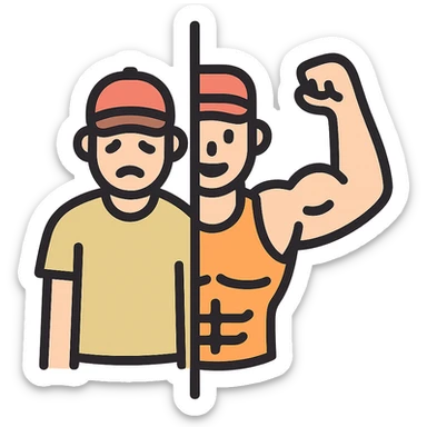 in the picture is devided in to two parts, at the first the sportsman is weak and lazy, but at the second picture the same sportsman is very strong because he doing a workout regularly sticker
