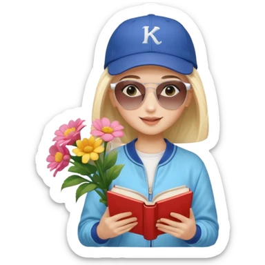 ["A happy girl with light skin, bald, wearing a baseball cap and sunglasses, dressed in K-pop fashion, is reading a book while holding a flower bouquet."] sticker